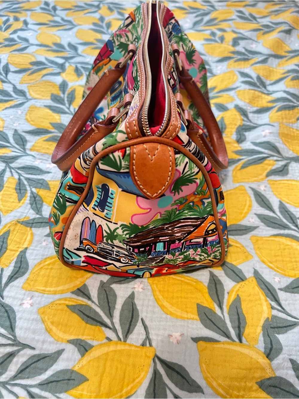 Dooney & Bourke Barrel bag Multicolor Tropical Print Satchel with Brown Handles - Picture 7 of 14